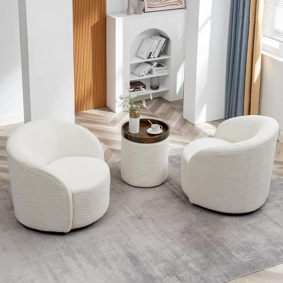 KINWELL 34" W Swivel Barrel Chair Set of 2, Mid Century Modern Round Upholstered Boucle Swivel