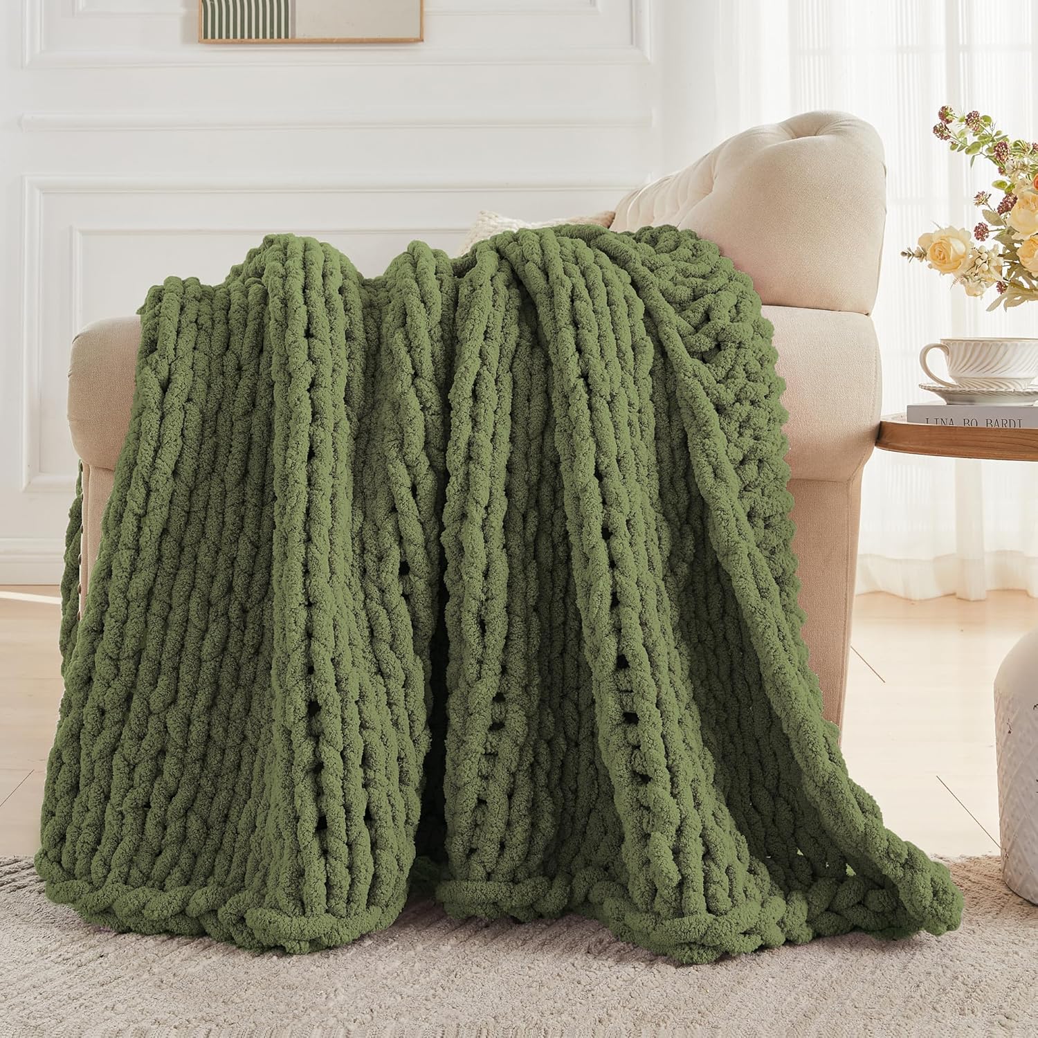 Carriediosa Chunky Knit Throw Blanket 60" X 80" Twin, 100% Hand Made Large Chenille Loop Yarn Soft