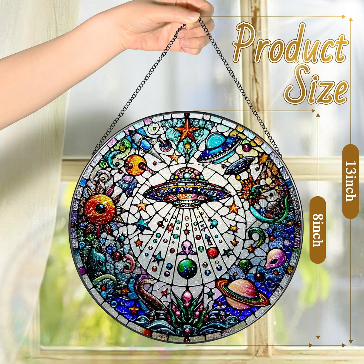 Stained Glass Window Hanging, LAOWEIKI 8'' UFO&Alien Suncatcher, Stained Glass Ornament