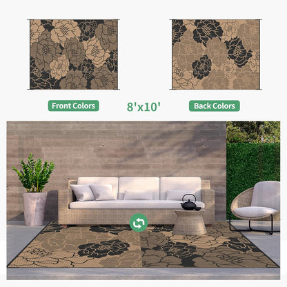 GENIMO Outdoor Rug Waterproof for Patio Decor, 8' x 10' Reversible Plastic Straw Floral Camping