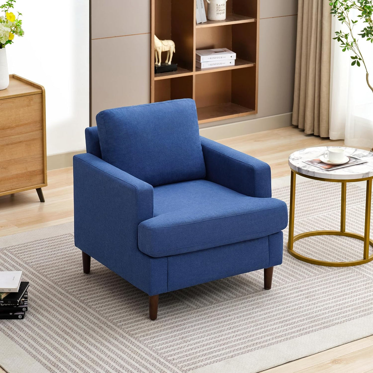 Mid-Century Accent Chair,Modern Linen Fabric Armchair for Living Room,Comfy Upholstered Reading