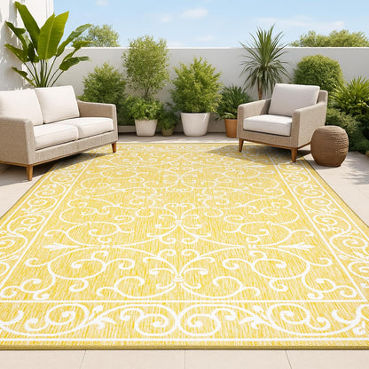 JONATHAN Y Vintage Filigree Indoor Outdoor Area Rug 8X10 Yellow/Cream, Charleston Textured Weave