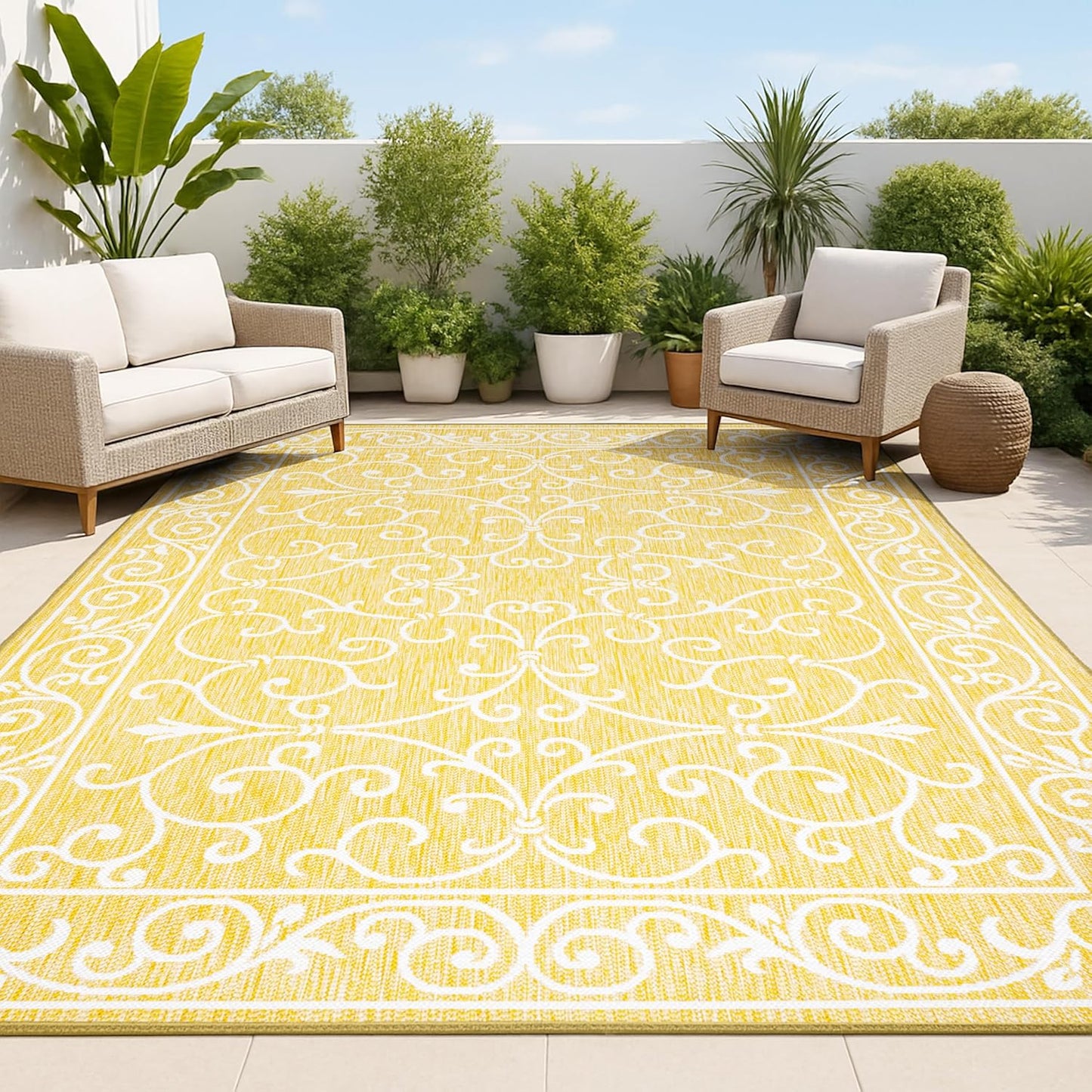 JONATHAN Y Vintage Filigree Indoor Outdoor Area Rug 9X12 Yellow/Cream, Charleston Textured Weave
