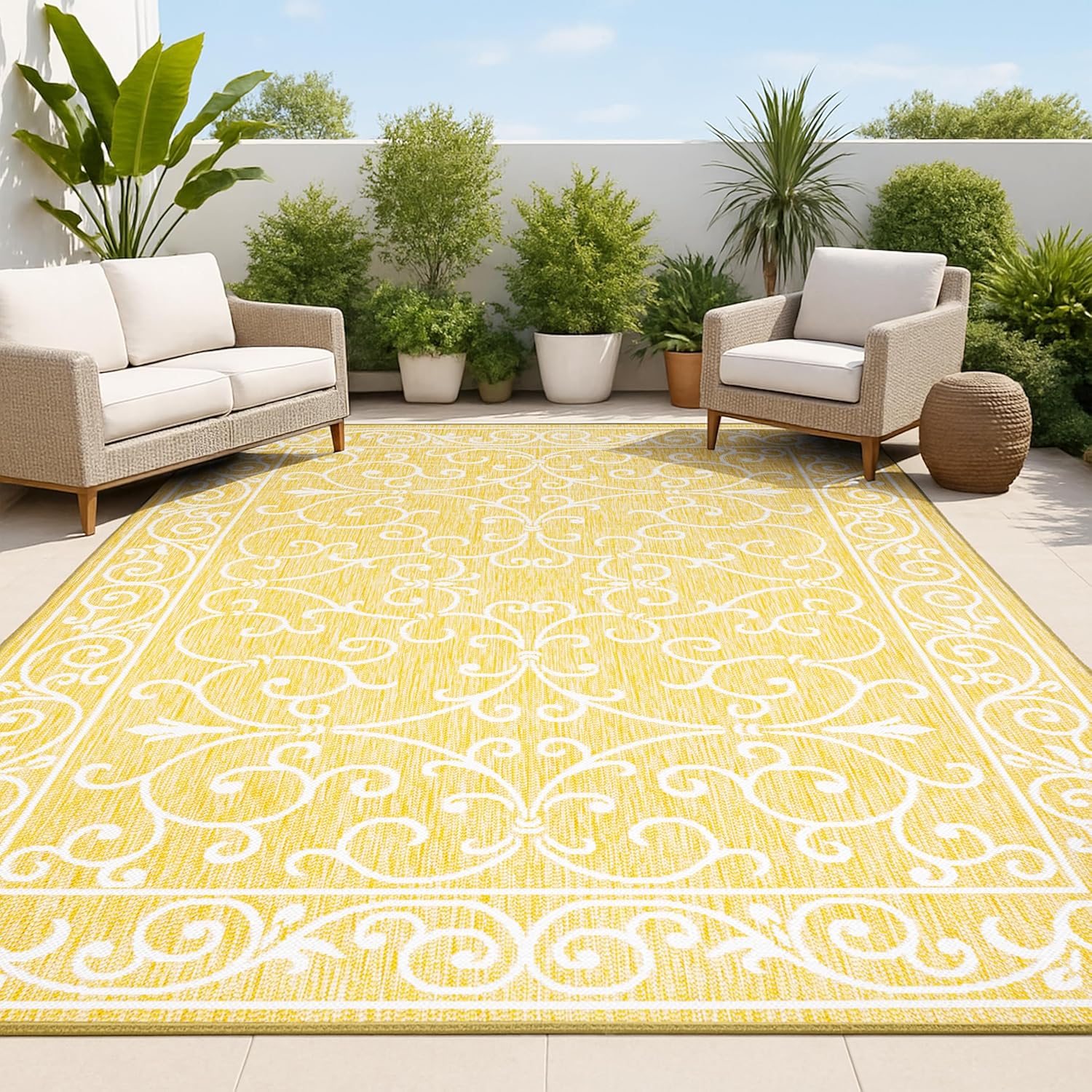 JONATHAN Y Vintage Filigree Indoor Outdoor Area Rug 5X8 Yellow/Cream, Charleston Textured Weave for