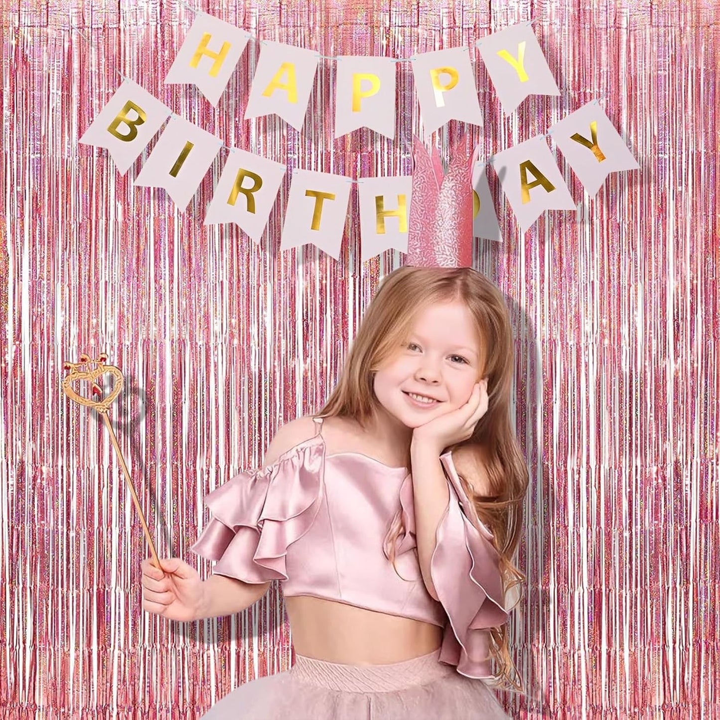 BRAVESHINE Rose-Gold Tinsel Foil Fringe Curtains - 2Pcs 3.2x8.2ft Metallic Holiday Photo Booth