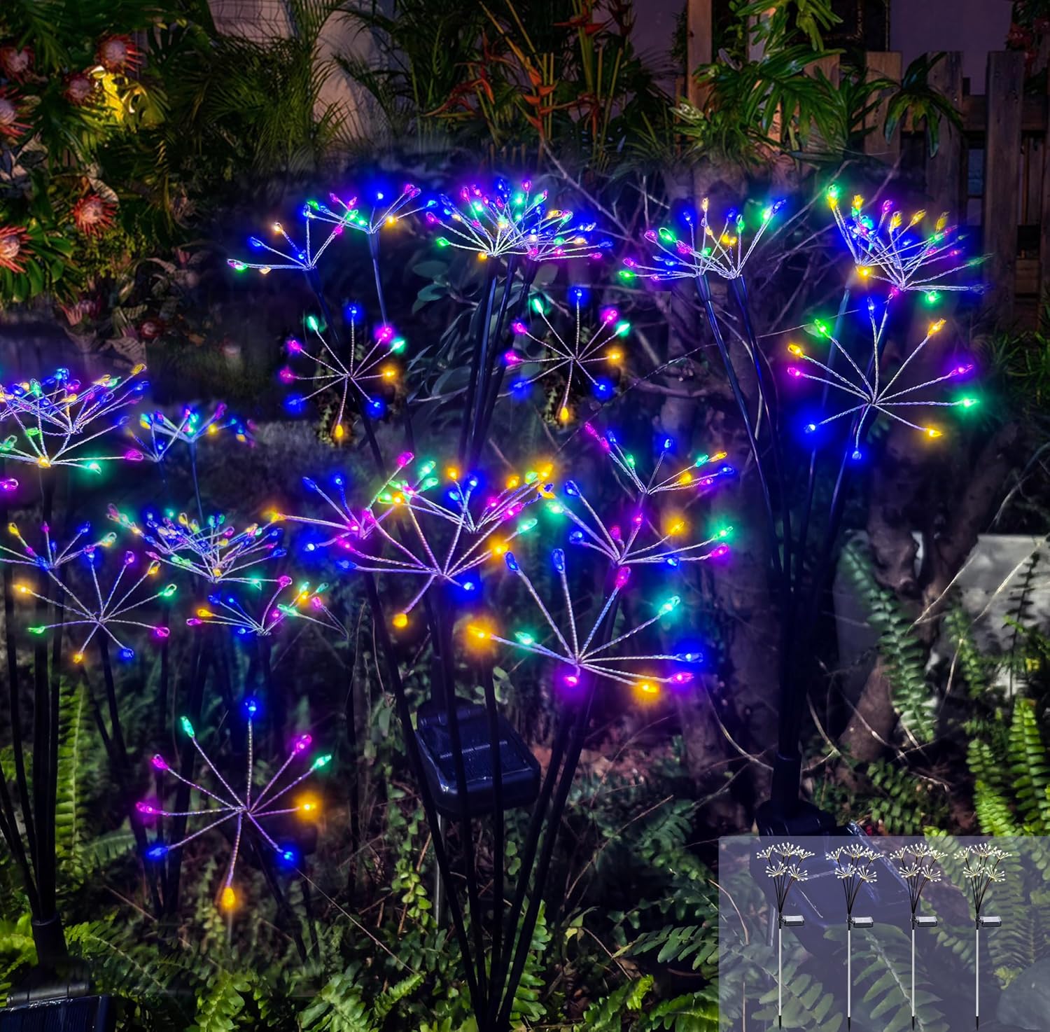 Kwaiffeo 4 Pack Solar-Powered Firework Fairy Lights, Solar Light Outdoor Waterproof Christmas &