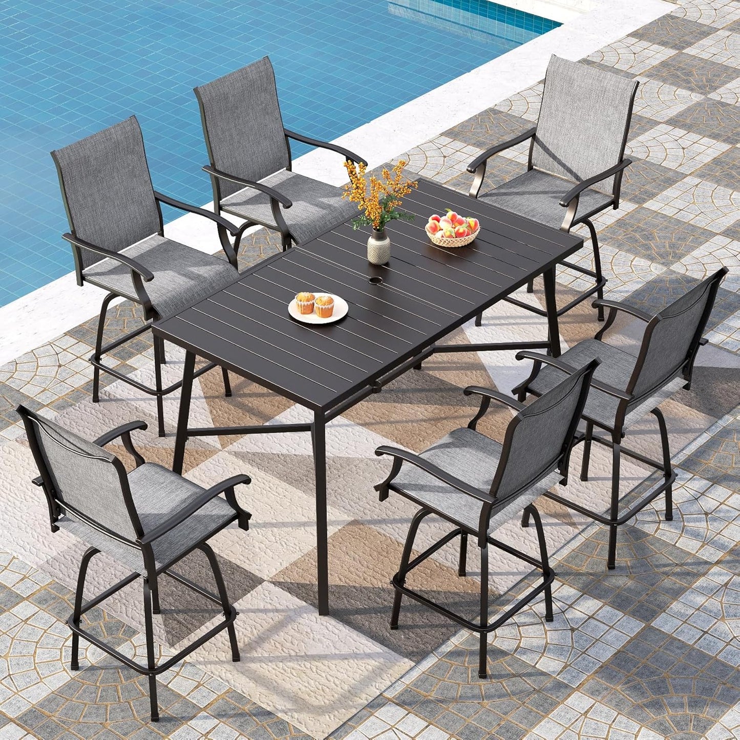 PHI VILLA 7 Piece High Top Patio Bar Set, Outdoor Bar Height Table and Chairs Dining Furniture Set