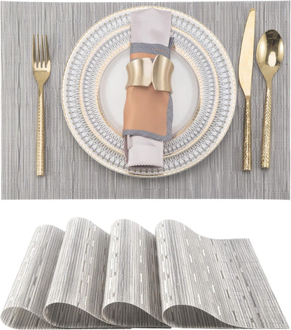 Sliver Placemats Set of 4 - Easy Clean Modern Durable Washable Vinyl Place Mats - Heat Resistant