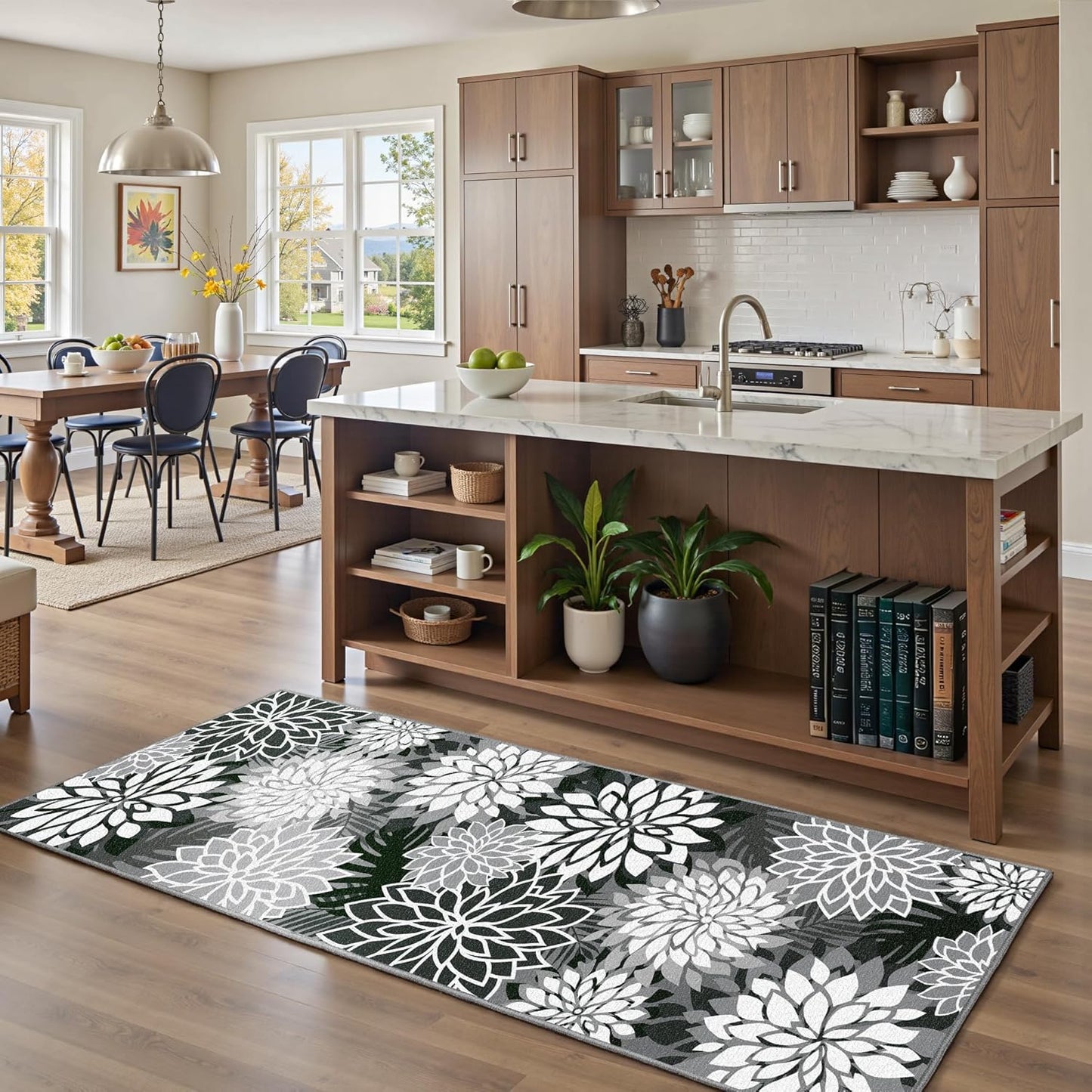 Area Rug 2x6 Black White Washable Entry Rug Multicolored Tropical Botanical Modern Floral Indoor