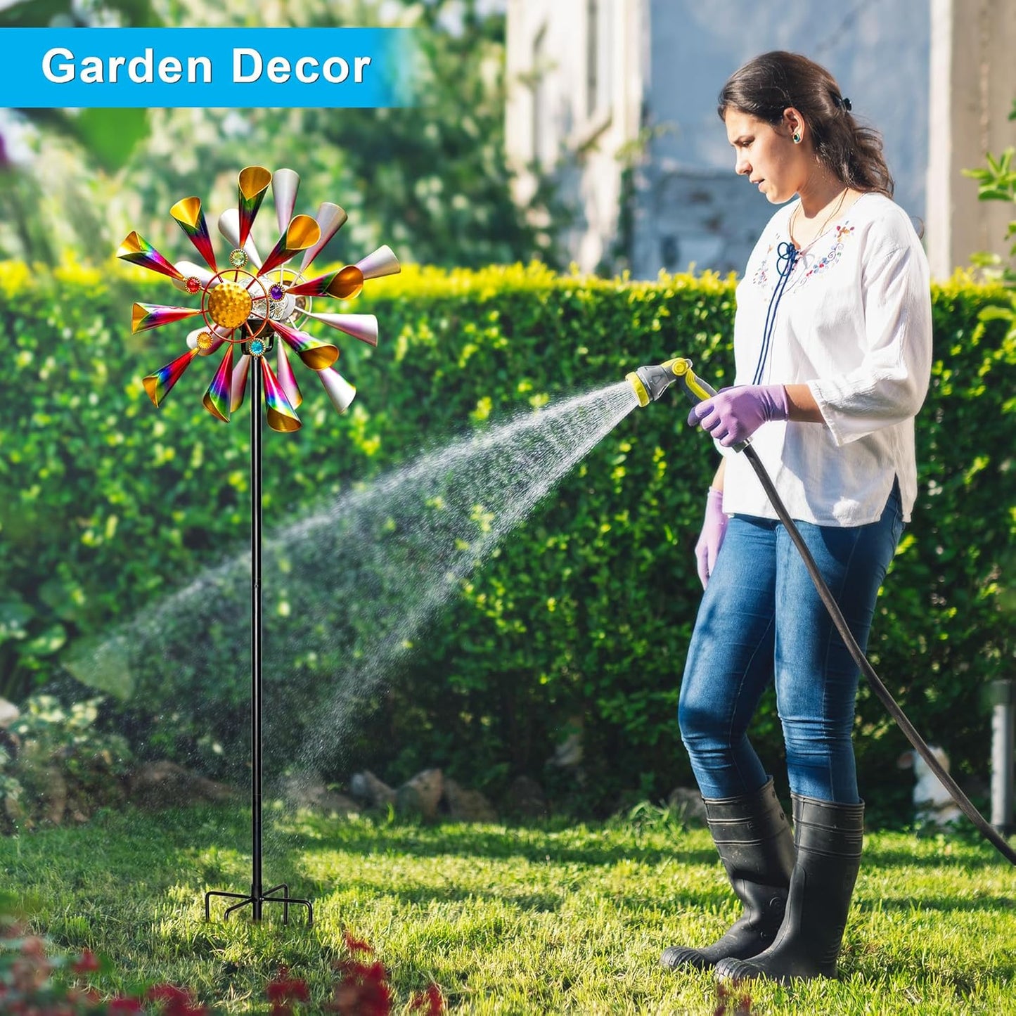 54'' Wind Spinners Outdoor Solar Garden Decor Light - Unique Metal Stake Colorful Windmill, Durable