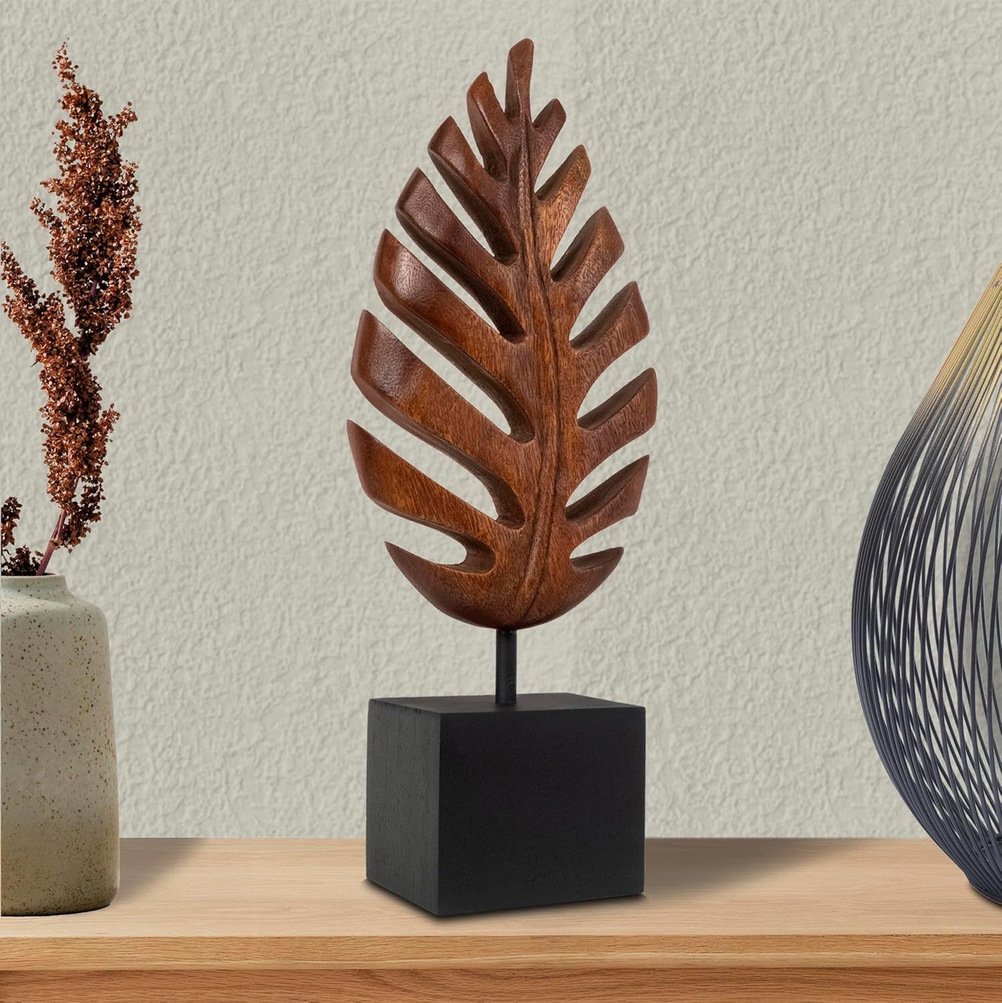 Decozen Wooden Leaf Sculpture - Hand‑Carved Solid Wood Coffee Table Decor and Western Decor Accent