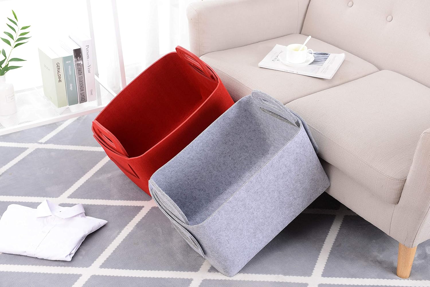 Storage Basket Felt Storage Bin Collapsible& Convenient Box Organizer with Carry Handles for Office