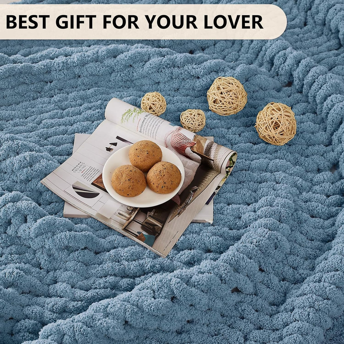 L'AGRATY Chunky Knit Blanket Throw: 60''x80'' Chenille Chunky Knitted Throw Blanket for Bed Couch