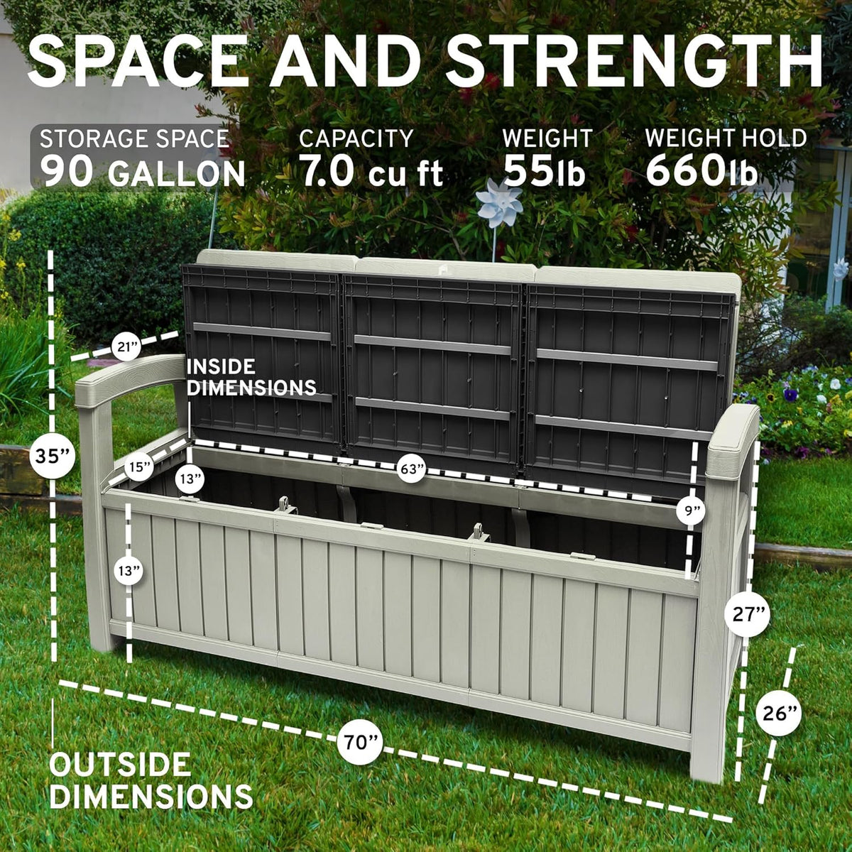 EconoHome 3 Seat Outdoor Storage Bench - 90 Gallon Capacity - Weatherproof Resin Bench for Patio