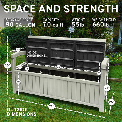 EconoHome 3 Seat Outdoor Storage Bench - 90 Gallon Capacity - Weatherproof Resin Bench for Patio