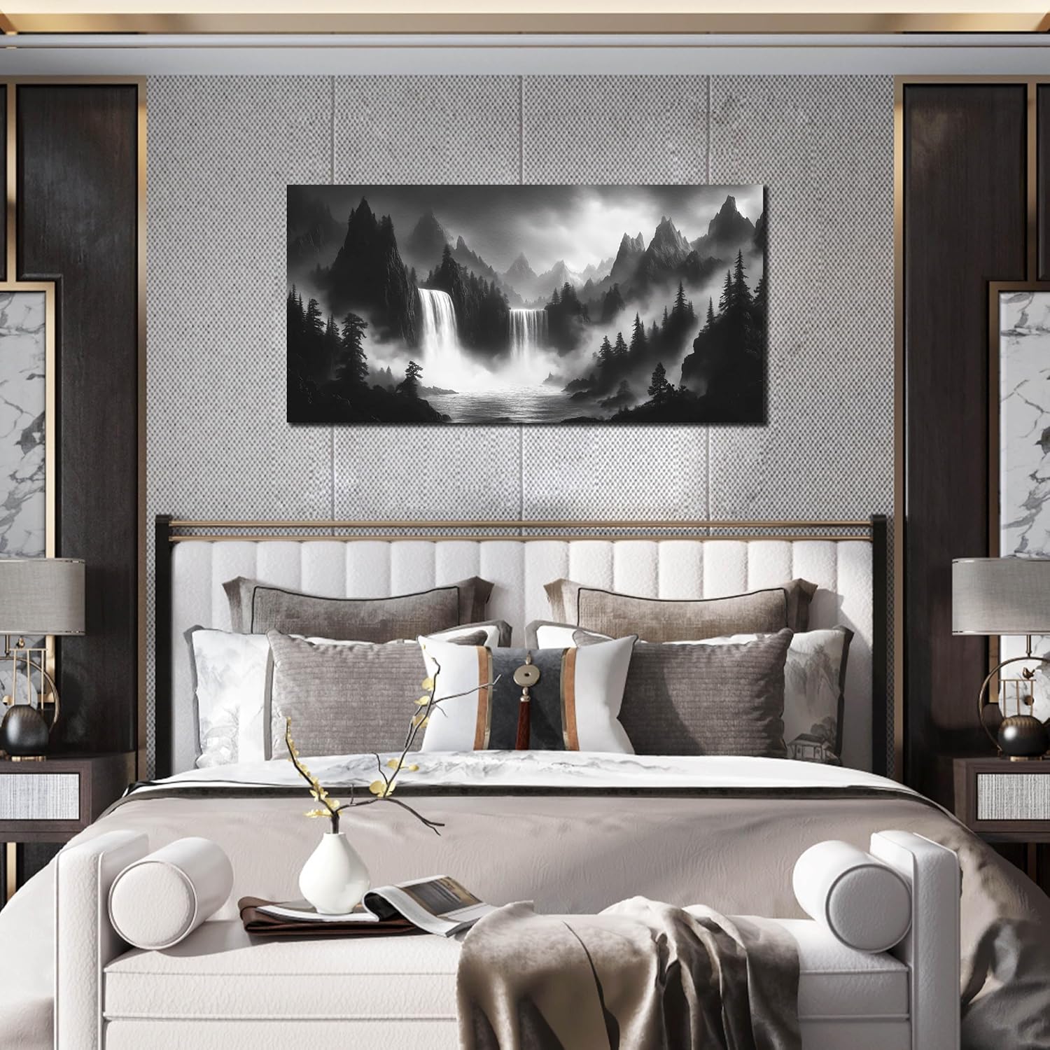 Mountain Wall Pictures for Living Room Decor - Black and White Wall Art Bedroom - Waterfall Canvas