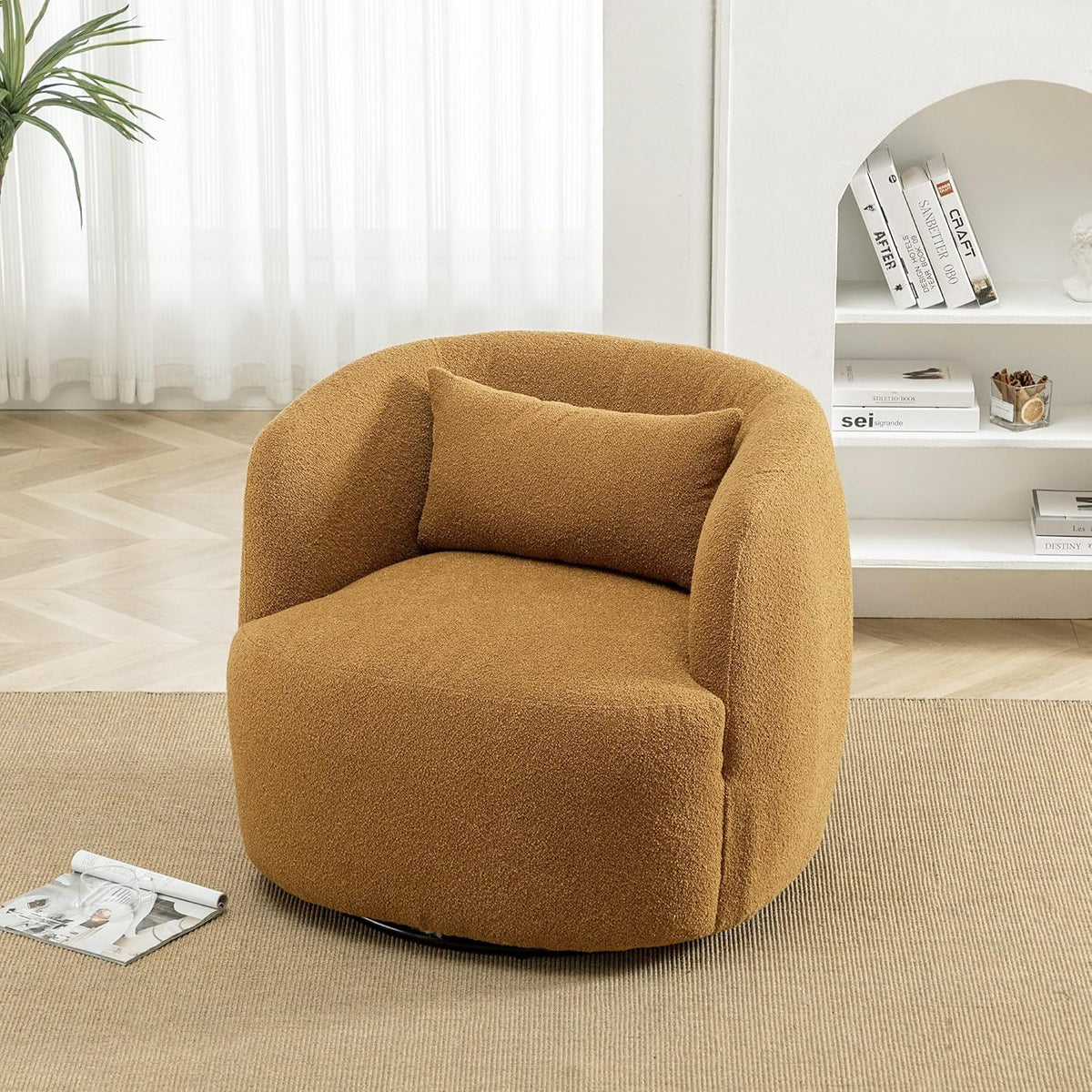 KINWELL 34" Wide Boucle Swivel Barrel Chair, No Assembly Round Upholstered Armchair Accent Chair