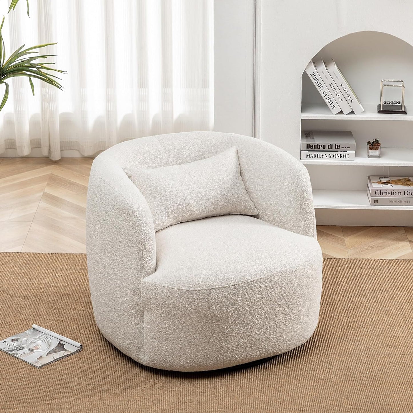 KINWELL 34" Wide Boucle Swivel Barrel Chair, No Assembly Round Upholstered Armchair Accent Chair