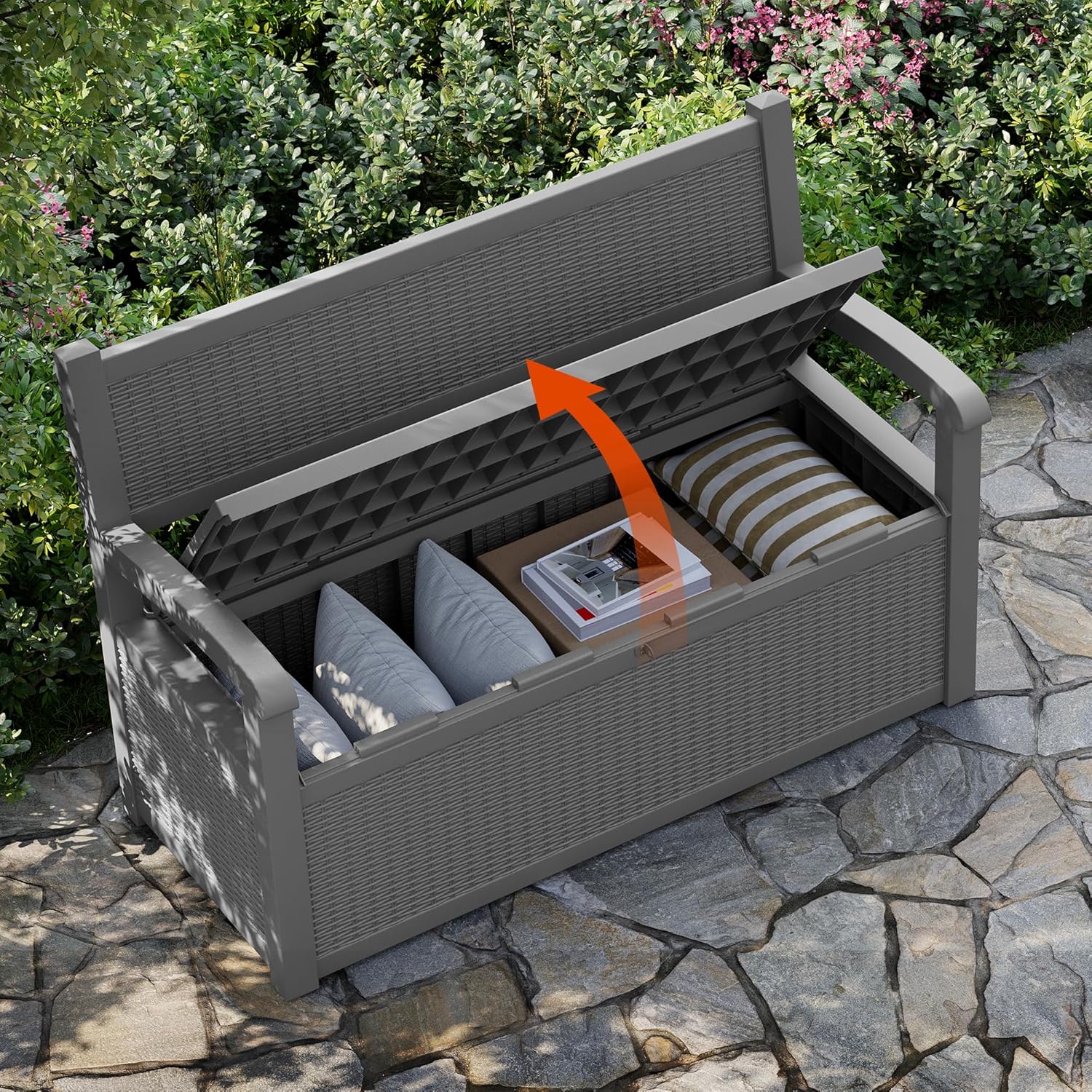 70 Gallon Outdoor Storage Box, Resin Patio Furniture with Armrest, Lockable Deck Box with