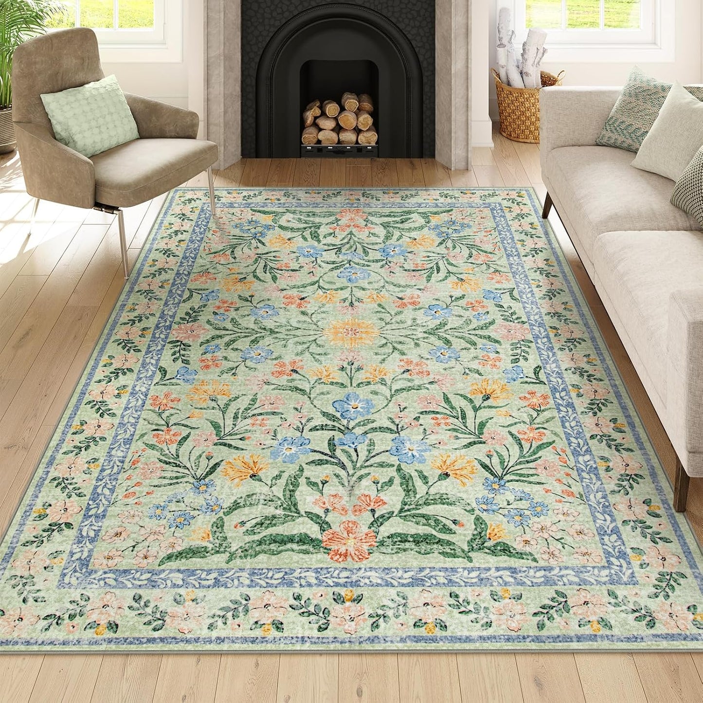 Wonnitar Washable Floral 6x9 Rug, Soft Green Area Rug Boho Non Slip Dining Room Carpet