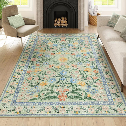 Wonnitar Washable Floral 6x9 Rug, Soft Green Area Rug Boho Non Slip Dining Room Carpet