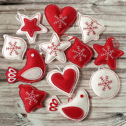 12 Pcs Christmas Felt Ornaments for Tree 3D Snowflake Hanging Decorations Classic Red White Hanging