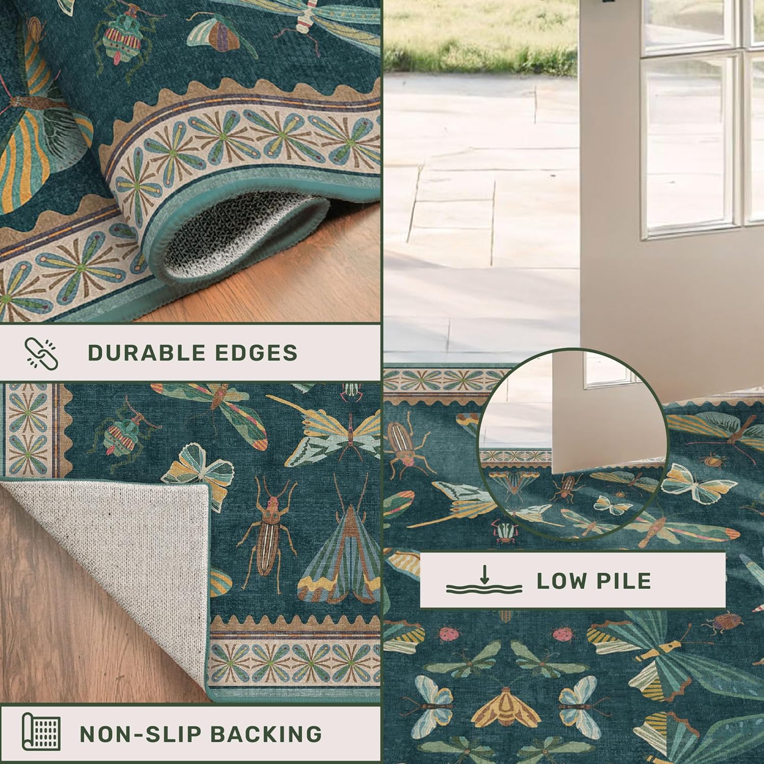 Teal 3x5 Entryway Rug - Door Rug Indoor for Large Kitchen, Living Room, Washable Low Pile Insect