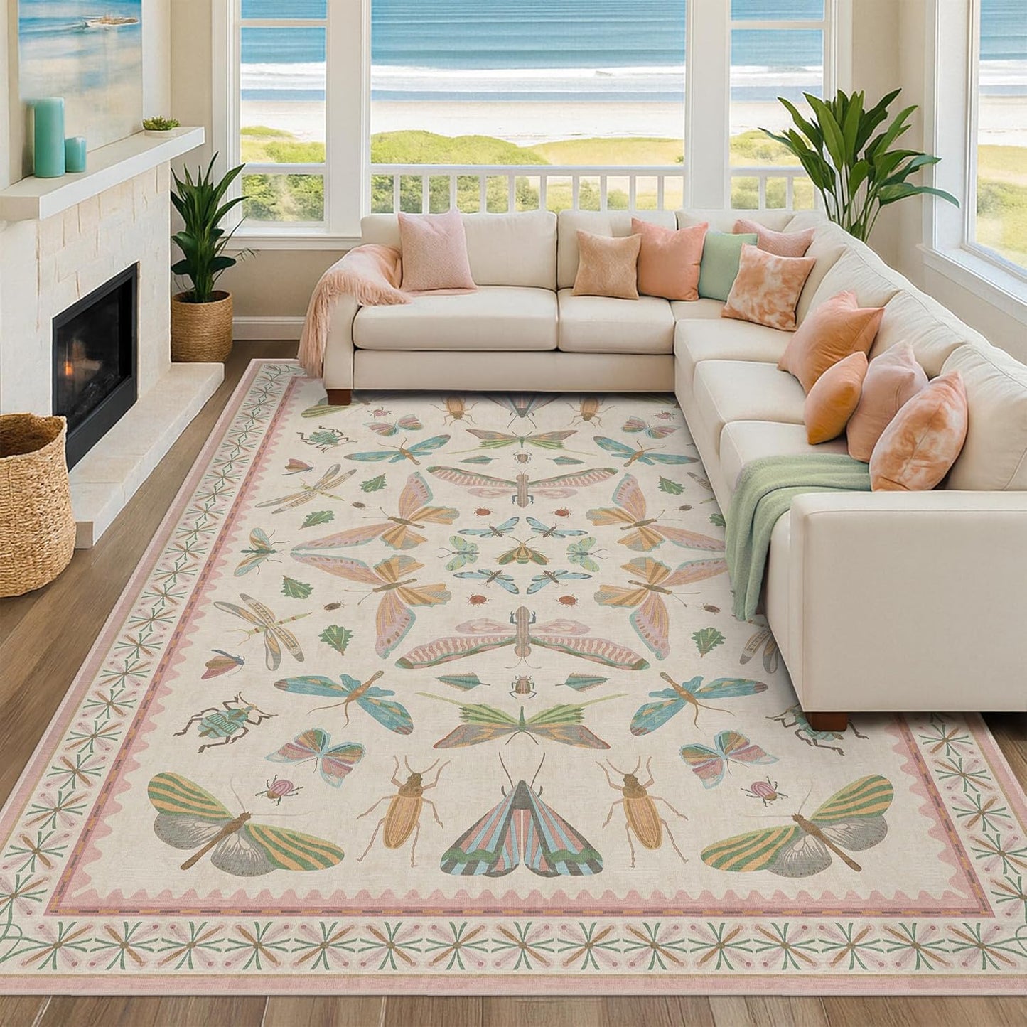 Cute Rugs for Bedroom Girls - Pink Living Room Rugs 8X10, Dining Room Table, Washable Pastel Flower