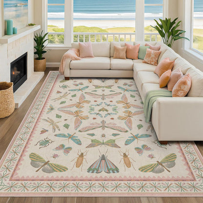 Cute Rugs for Bedroom Girls - Pink Living Room Rugs 8X10, Dining Room Table, Washable Pastel Flower