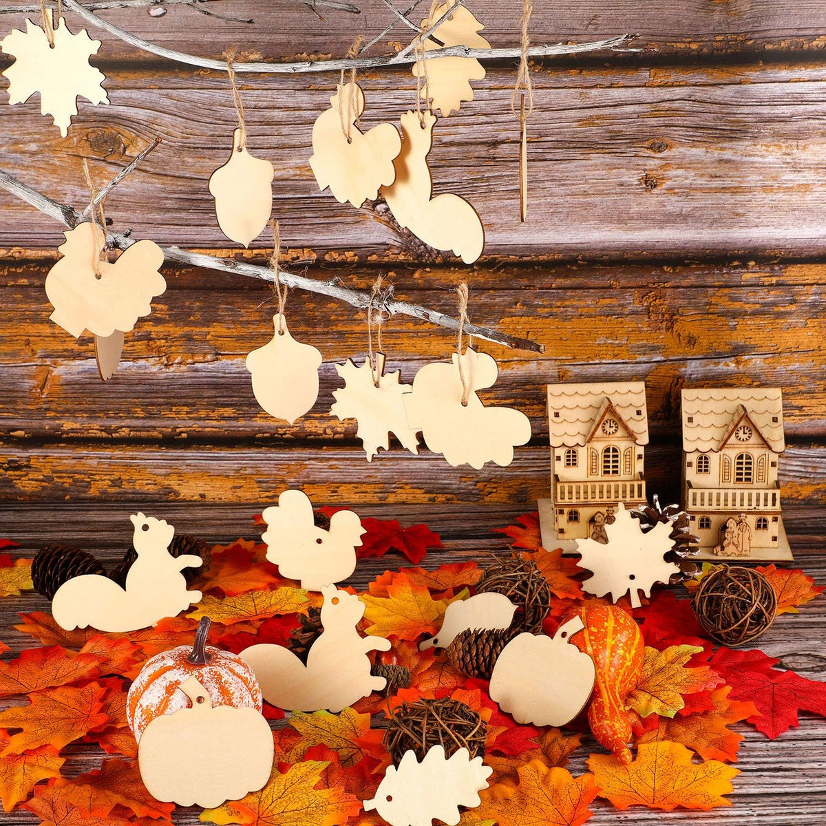 60 Pieces Fall Thanksgiving Unfinished Wooden Ornaments Maple Leaves Pumpkin Wood Cutout Squirrel