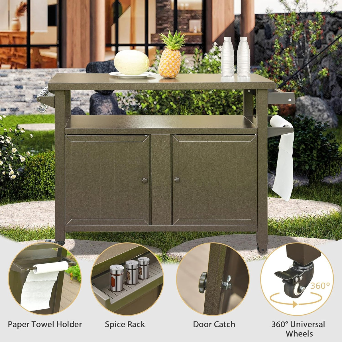Domi Grill Carts Outdoor Storage Cabinet with Wheels, Metal Outdoor Grill Kitchen Table Dining