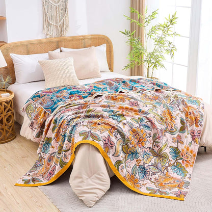 Boho Throw Blanket for Bed, 100% Cotton Soft Rustic Quilt Fall Blanket, 80"x90" Floral Printed