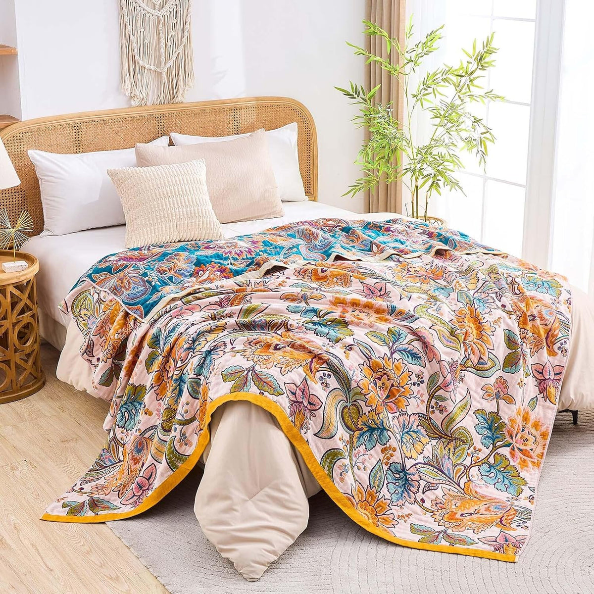 Boho Throw Blanket for Bed, 100% Cotton Soft Rustic Quilt Fall Blanket, 50"x60" Floral Printed