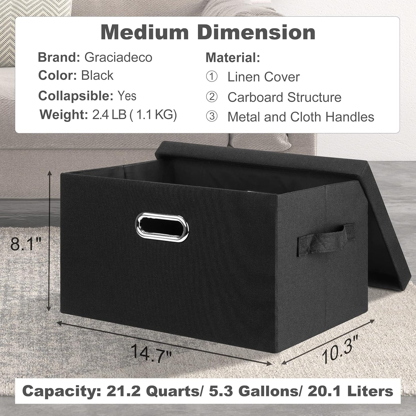 Medium 15" 21 Quart Collapsible Stackable Storage Bins with Lids, 1 Pack Black Foldable Fabric
