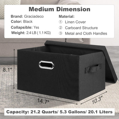 Medium 15" 21 Quart Collapsible Stackable Storage Bins with Lids, 1 Pack Black Foldable Fabric