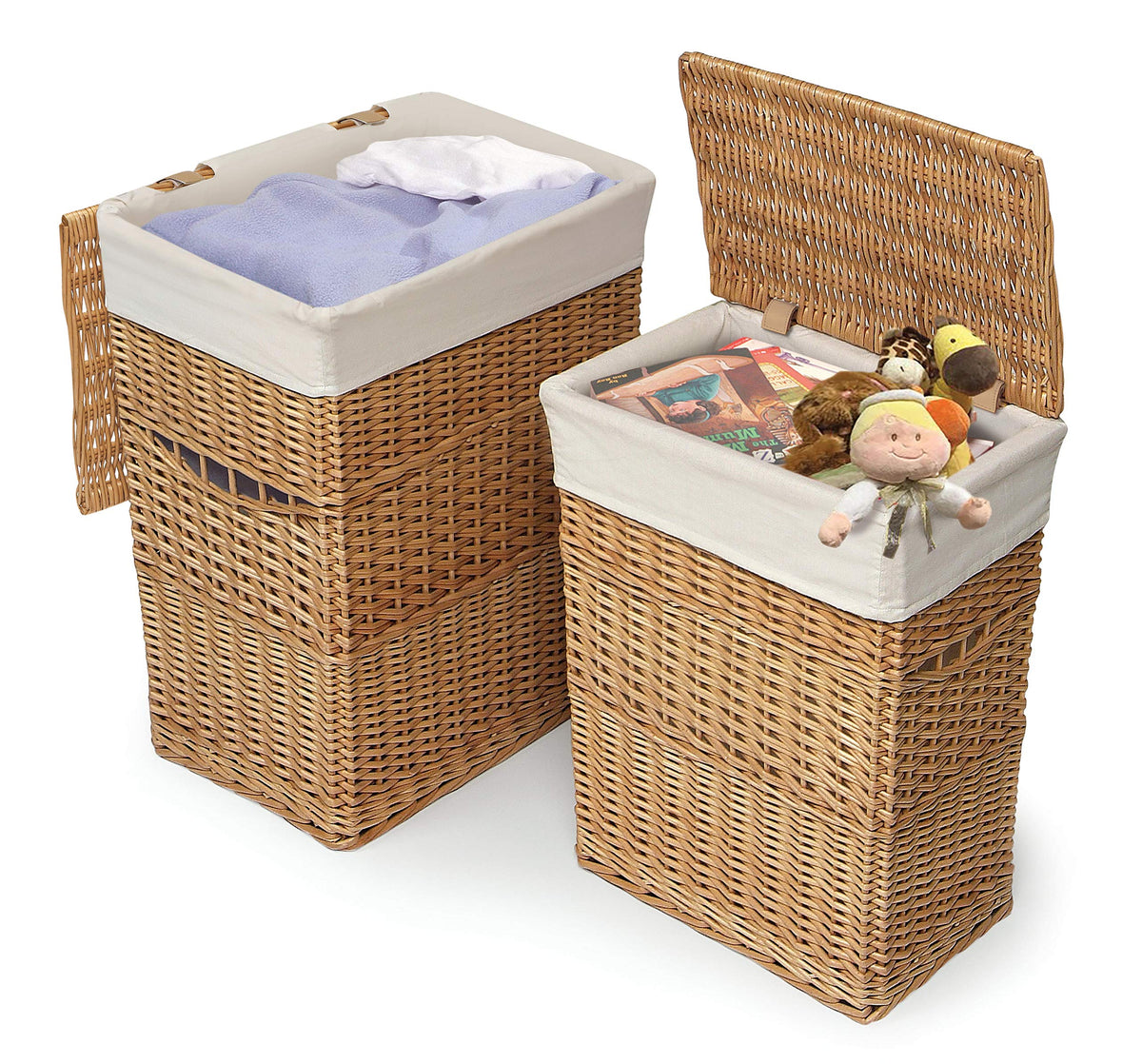 Badger Basket Wicker Two Hamper Set with Liner – Removable Liner, Nesting Hampers for Laundry and