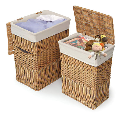 Badger Basket Wicker Two Hamper Set with Liner – Removable Liner, Nesting Hampers for Laundry and