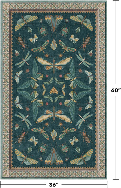 Teal 3x5 Entryway Rug - Door Rug Indoor for Large Kitchen, Living Room, Washable Low Pile Insect