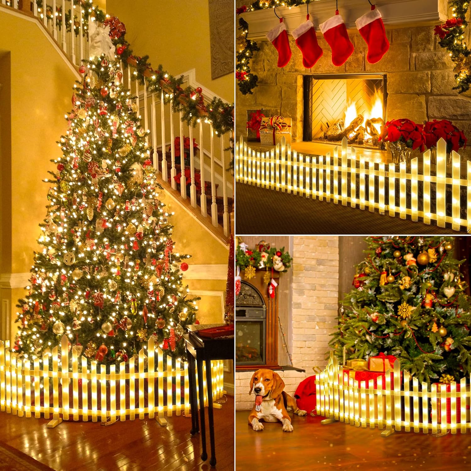 Hopolon 8 Pack 36LED Lighted Garden Fence,13.7x11.8inch Christmas Tree Fence Lights Plug in,8 Modes