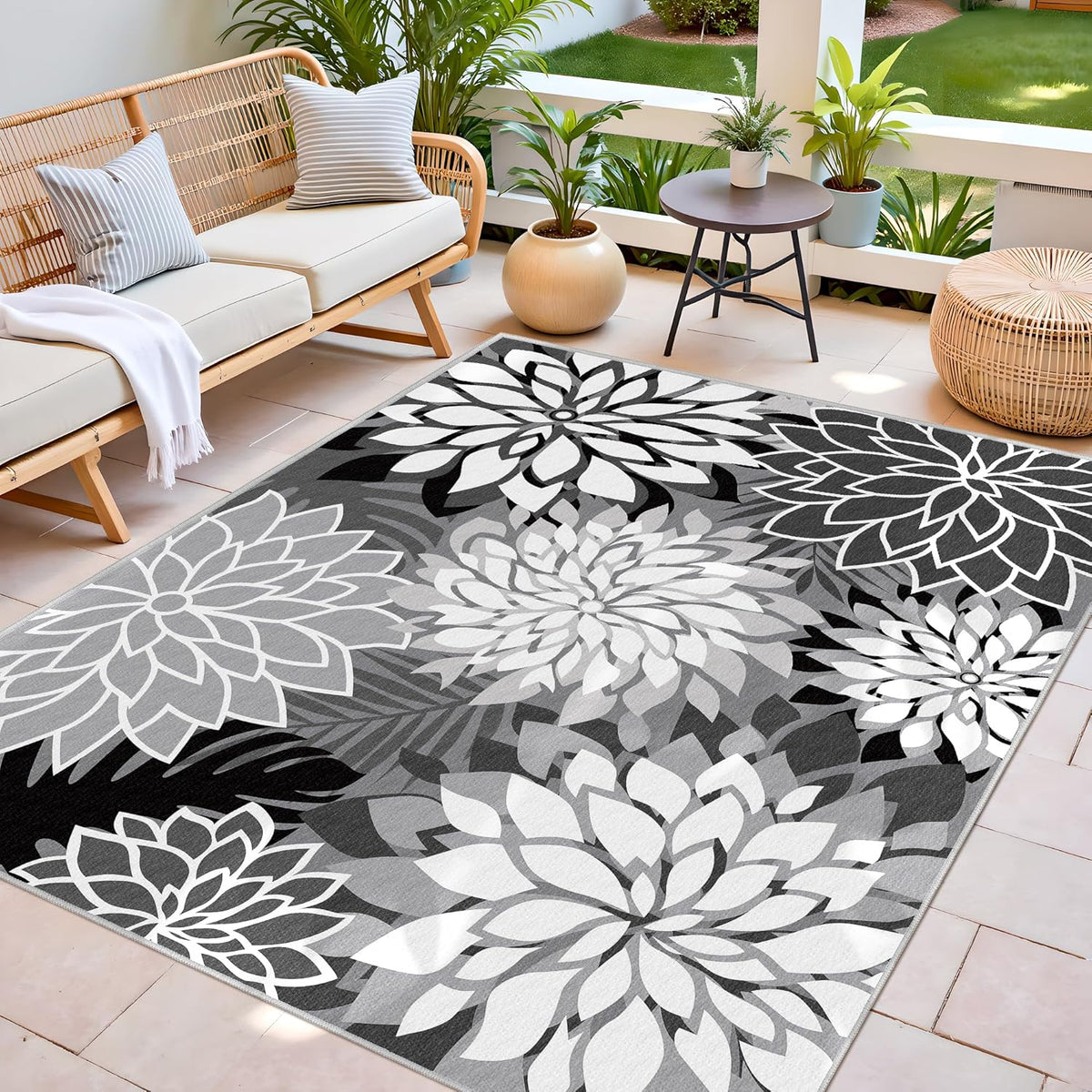 Indoor Outdoor Area Rug Washable Multicolored Rug Tropical Botanical Modern Floral Indoor Outdoor