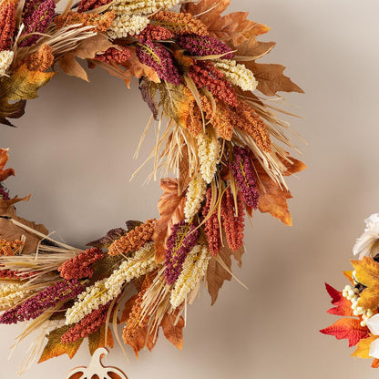 Glitzhome 24" D Fall Sorghum Wreath with Metal Hanger, Harvest Wreath for Front Door, Fall Door