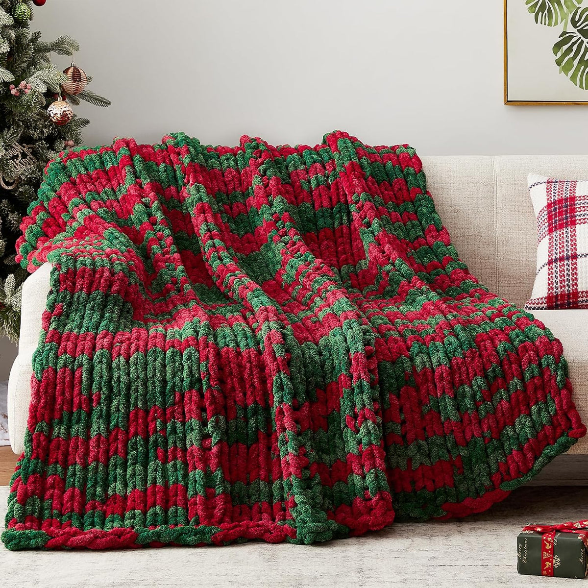 Chunky Knit Throw Blanket, 50''*60'' Knitted Throw Chenille Yarn for Bed Couch, Handmade Stripe