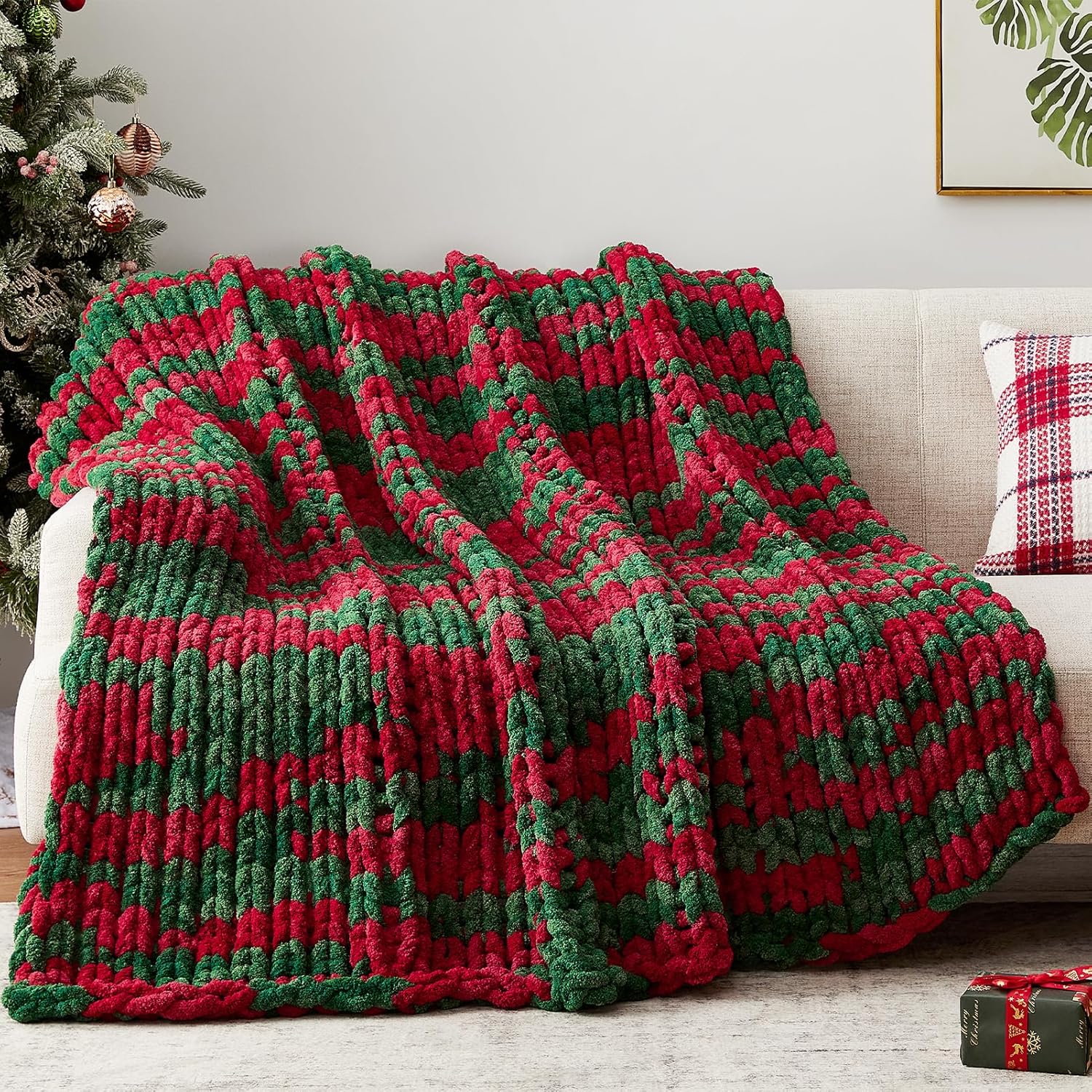 Chunky Knit Throw Blanket, 50''*60'' Knitted Throw Chenille Yarn for Bed Couch, Handmade Stripe