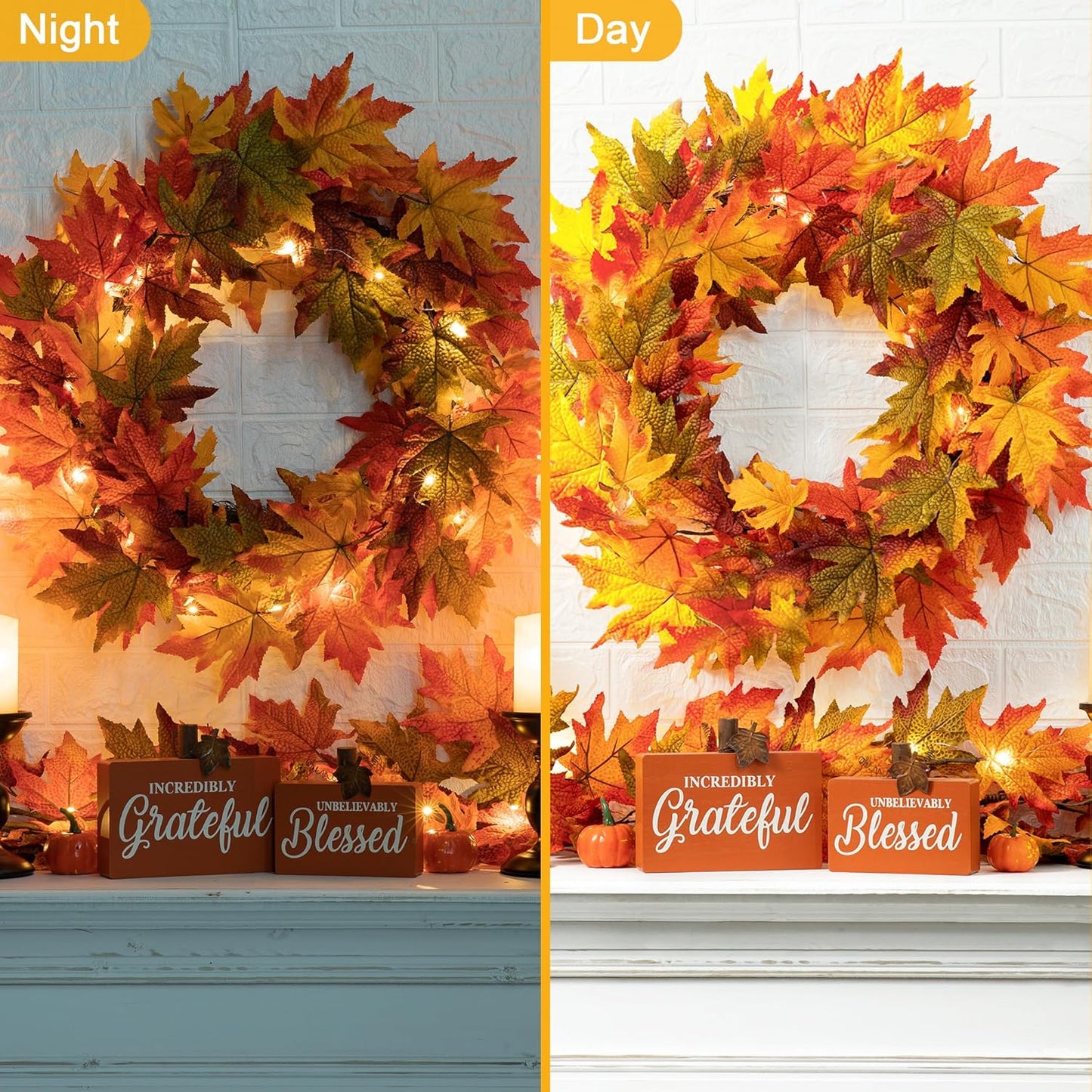Glitzhome 24 Inch Pre-lit Fall Wreath, Autumn Wreath for Front Door, Lighted Maple Leaves Wreaths