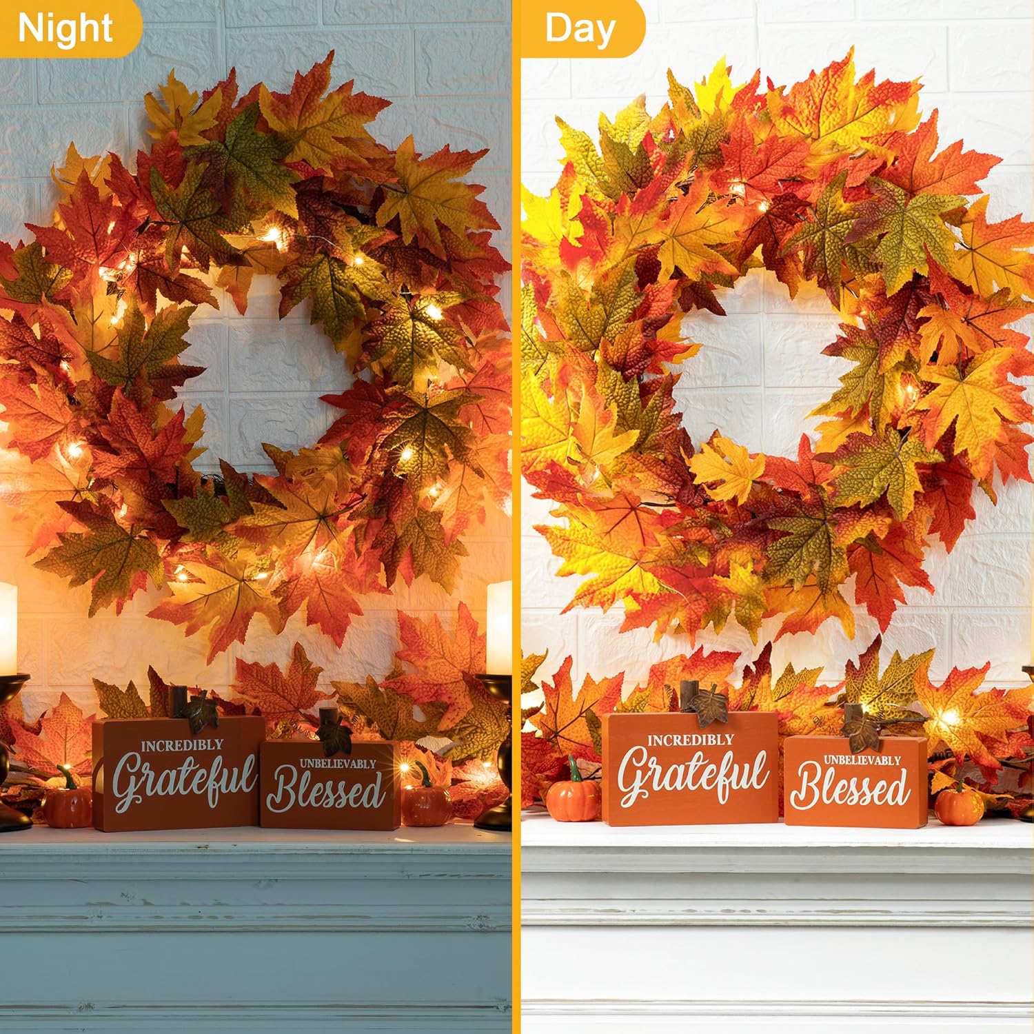 Glitzhome 24 Inch Pre-lit Fall Wreath, Autumn Wreath for Front Door, Lighted Maple Leaves Wreaths