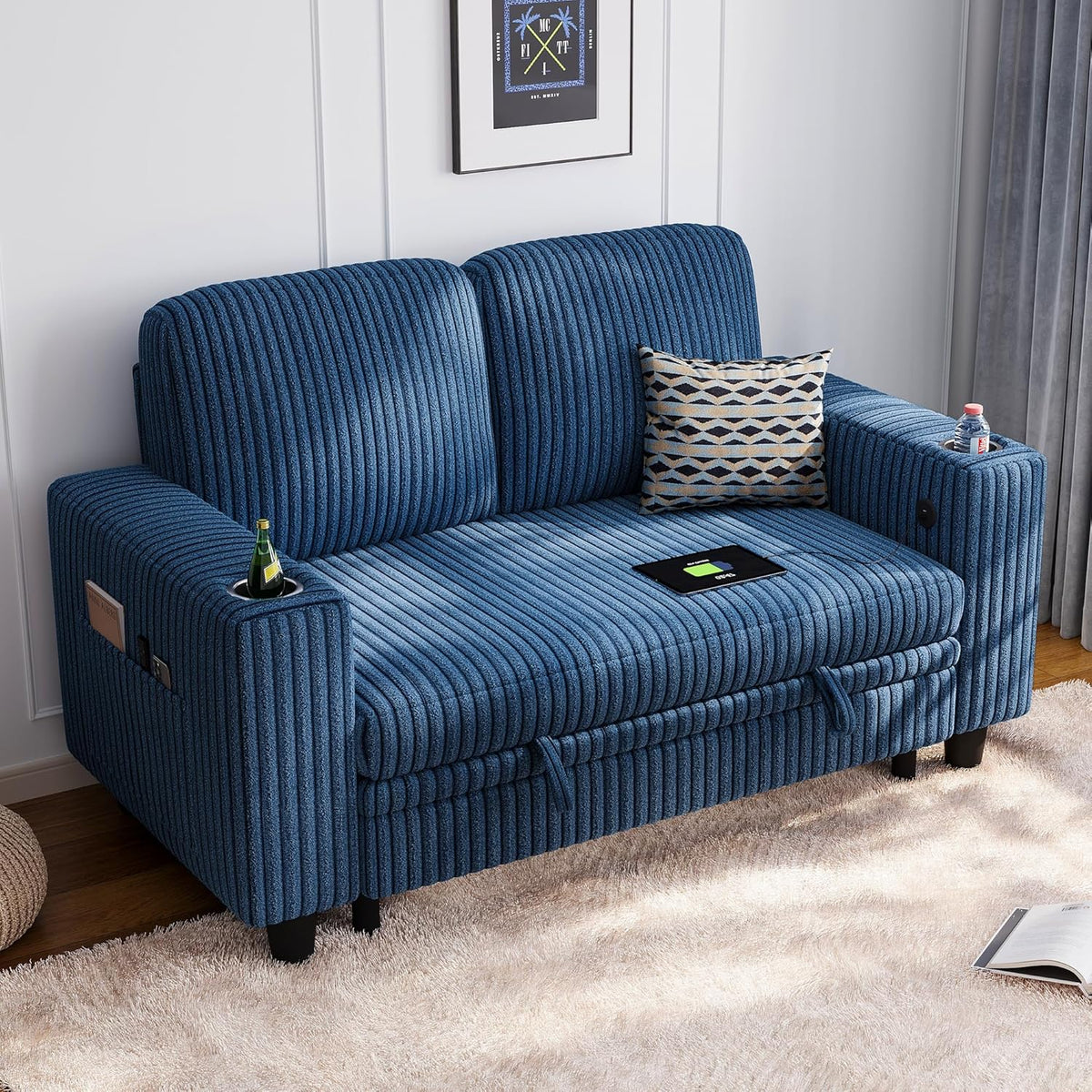 LINSY HOME Loveseat Sofa with Storage - Comfy Plush Corduroy 2 Seater Sofa with USB Charging & Cup
