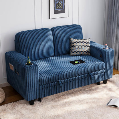 LINSY HOME Loveseat Sofa with Storage - Comfy Plush Corduroy 2 Seater Sofa with USB Charging & Cup