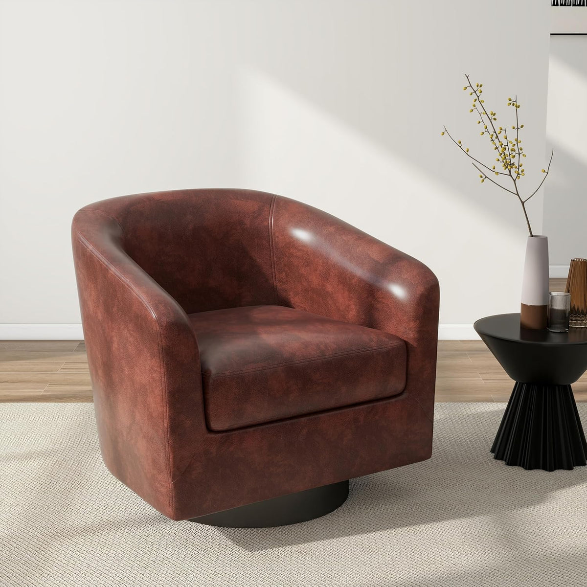 Swivel Barrel Accent Chair, Modern Round Faux Leather Arm Chair for Living Room, Bedroom, Comfy