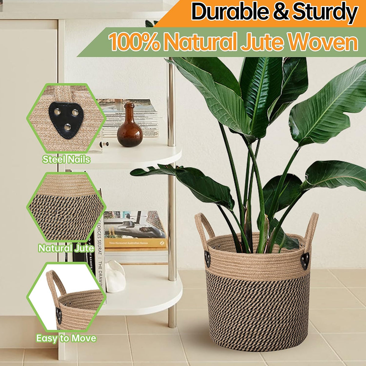 14"x12" Natural Jute Rope Woven Storage Basket with Handles for Plant, Blankets,Toys,Clothes,Shoes