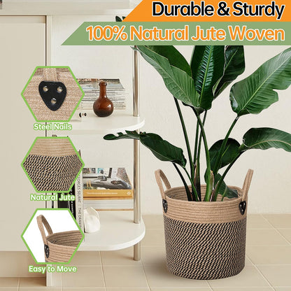 14"x12" Natural Jute Rope Woven Storage Basket with Handles for Plant, Blankets,Toys,Clothes,Shoes